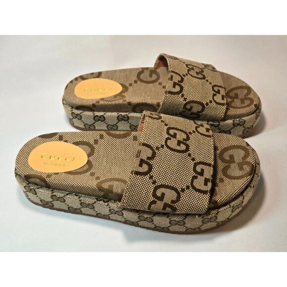 Gucci Slides Platform Sandals EU 40 Classic Brown Canvas Upper Chic Casual Style - Picture 1 of 16